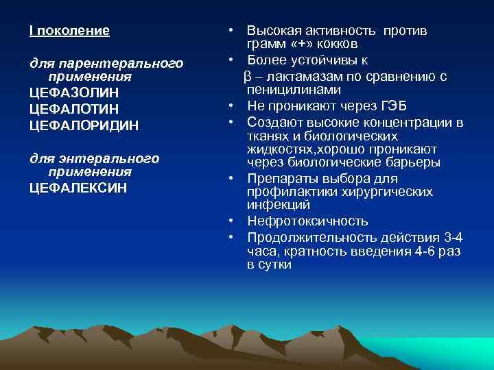 I поколение для парентерального применения ЦЕФАЗОЛИН ЦЕФАЛОТИН ЦЕФАЛОРИДИН для энтерального применения ЦЕФАЛЕКСИН • Высокая