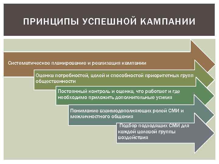 ПРИНЦИПЫ УСПЕШНОЙ КАМПАНИИ Систематическое планирование и реализация кампании Оценка потребностей, целей и способностей приоритетных