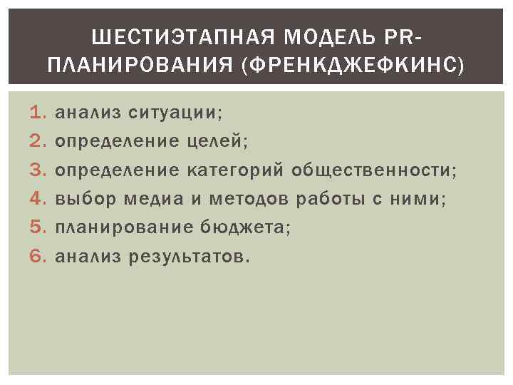 ШЕСТИЭТАПНАЯ МОДЕЛЬ PRПЛАНИРОВАНИЯ (ФРЕНКДЖЕФКИНС) 1. 2. 3. 4. 5. 6. анализ ситуации; определение целей;