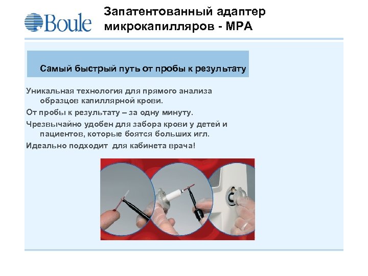 Запатентованный адаптер микрокапилляров - MPA Самый быстрый путь от пробы к результату Уникальная технология