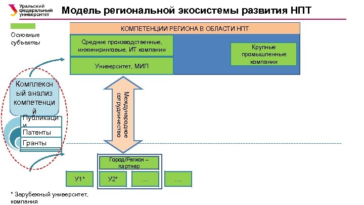 Модель региональной экосистемы развития НПТ Основные субъекты КОМПЕТЕНЦИИ РЕГИОНА В ОБЛАСТИ НПТ Средние производственные,