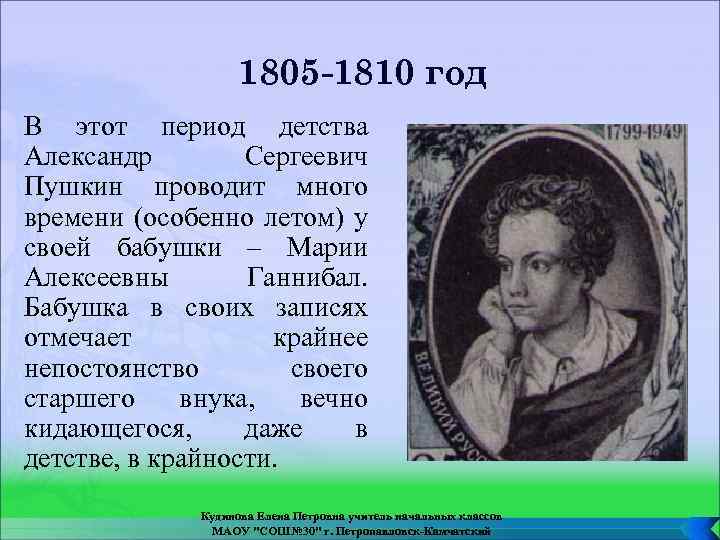 1805 -1810 год В этот период детства Александр Сергеевич Пушкин проводит много времени (особенно