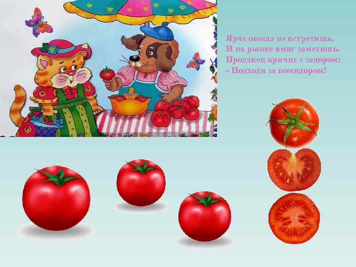Ярче овоща не встретишь, И на рынке вмиг заметишь. Продавец кричит с задором: -