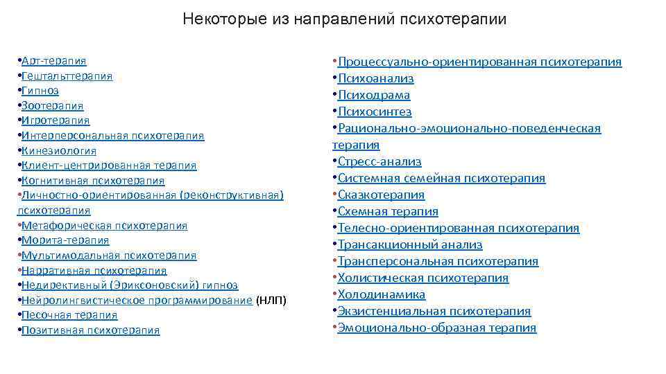 Некоторые из направлений психотерапии • Арт-терапия • Гештальттерапия • Гипноз • Зоотерапия • Игротерапия