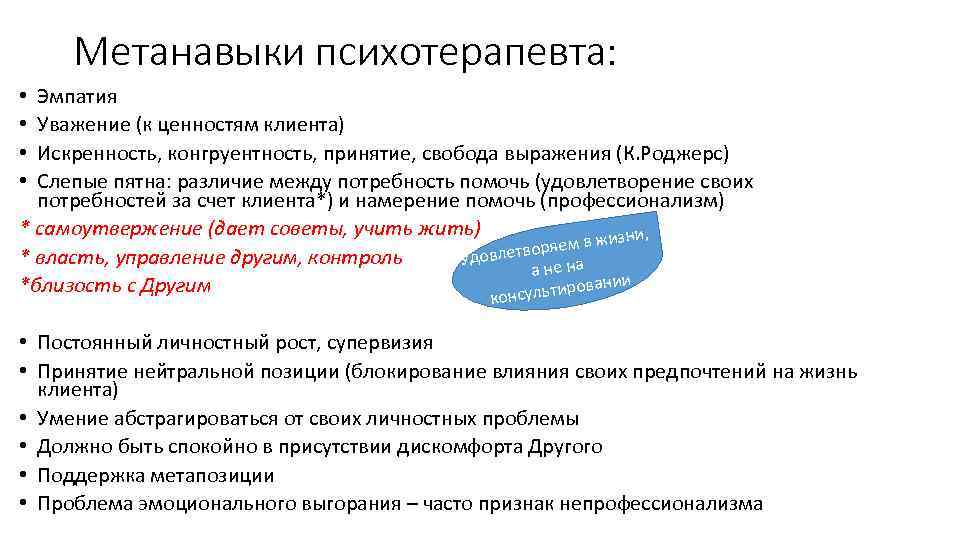 Метанавыки психотерапевта: Эмпатия Уважение (к ценностям клиента) Искренность, конгруентность, принятие, свобода выражения (К. Роджерс)