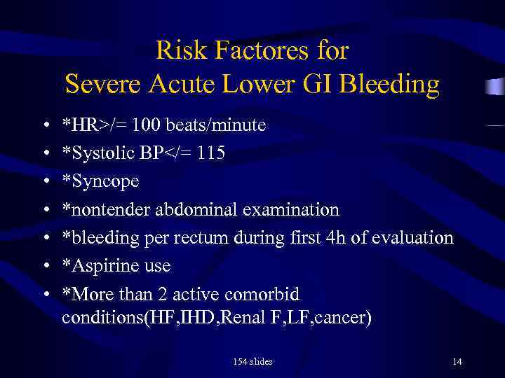 Risk Factores for Severe Acute Lower GI Bleeding • • *HR>/= 100 beats/minute *Systolic