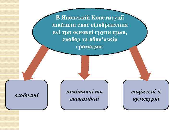 В Японській Конституції знайшли своє відображення всі три основні групи прав, свобод та обов'язків