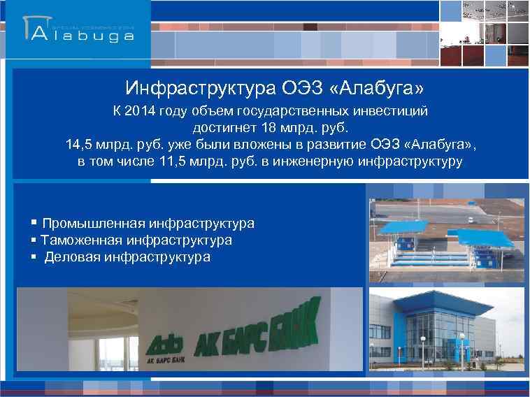 Инфраструктура ОЭЗ «Алабуга» К 2014 году объем государственных инвестиций достигнет 18 млрд. руб. 14,