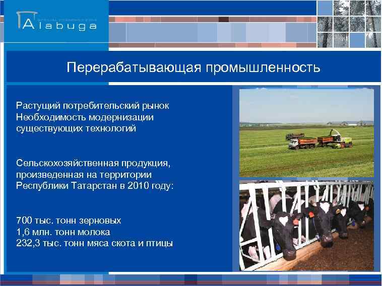Перерабатывающая промышленность Растущий потребительский рынок Необходимость модернизации существующих технологий Сельскохозяйственная продукция, произведенная на территории