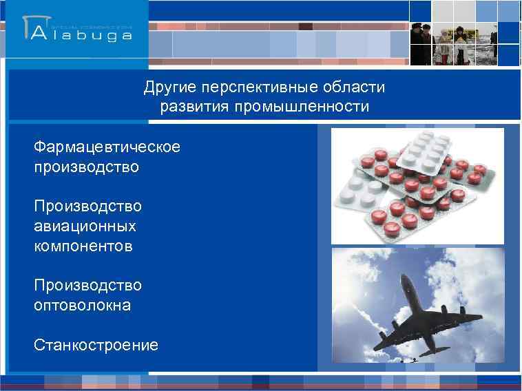 Другие перспективные области развития промышленности Фармацевтическое производство Производство авиационных компонентов Производство оптоволокна Станкостроение 