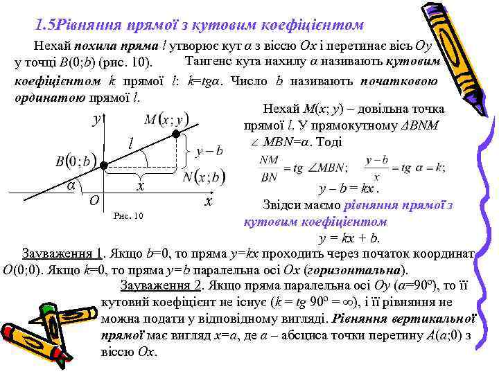 1. 5 Рівняння прямої з кутовим коефіцієнтом Нехай похила пряма l утворює кут α