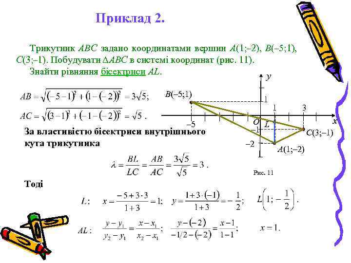  Приклад 2. Трикутник ABC задано координатами вершин A(1; – 2), B(– 5; 1),