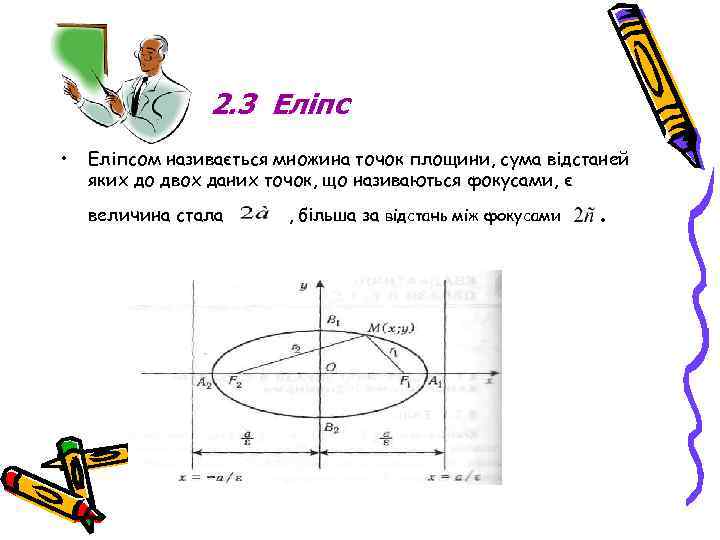 2. 3 Еліпс • Еліпсом називається множина точок площини, сума відстаней яких до двох