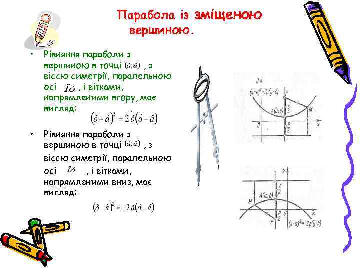Парабола із зміщеною вершиною. • Рівняння параболи з вершиною в точці , з віссю