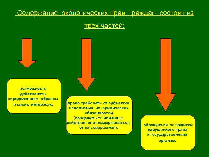  Содержание экологических прав граждан состоит из трех частей: возможность действовать определенным образом в