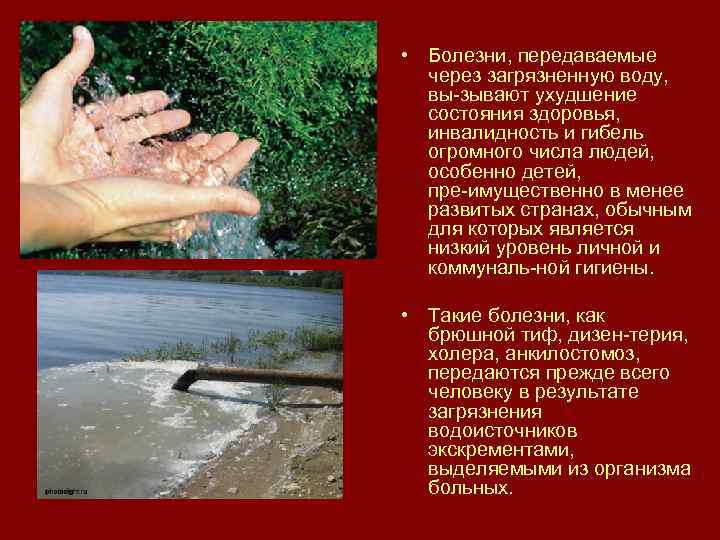  • Болезни, передаваемые через загрязненную воду, вы зывают ухудшение состояния здоровья, инвалидность и