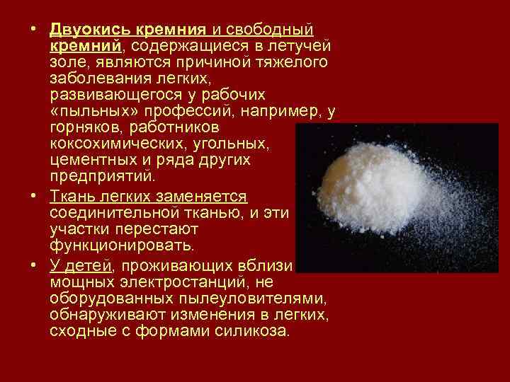  • Двуокись кремния и свободный кремний, содержащиеся в летучей золе, являются причиной тяжелого