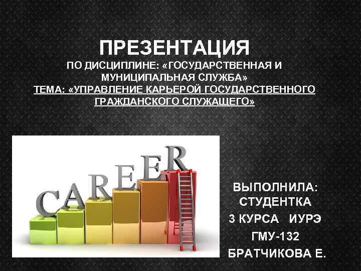 ПРЕЗЕНТАЦИЯ ПО ДИСЦИПЛИНЕ: «ГОСУДАРСТВЕННАЯ И МУНИЦИПАЛЬНАЯ СЛУЖБА» ТЕМА: «УПРАВЛЕНИЕ КАРЬЕРОЙ ГОСУДАРСТВЕННОГО ГРАЖДАНСКОГО СЛУЖАЩЕГО» ВЫПОЛНИЛА: