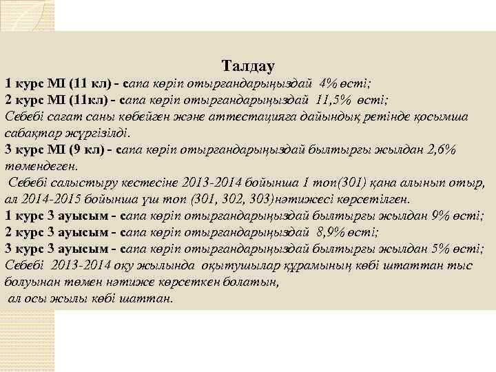 Талдау 1 курс МІ (11 кл) - сапа көріп отырғандарыңыздай 4% өсті; 2 курс