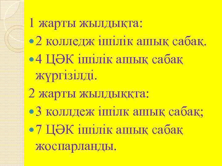 1 жарты жылдықта: 2 колледж ішілік ашық сабақ. 4 ЦӘК ішілік ашық сабақ жүргізілді.