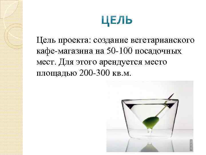 Цель проекта: создание вегетарианского кафе-магазина на 50 -100 посадочных мест. Для этого арендуется место