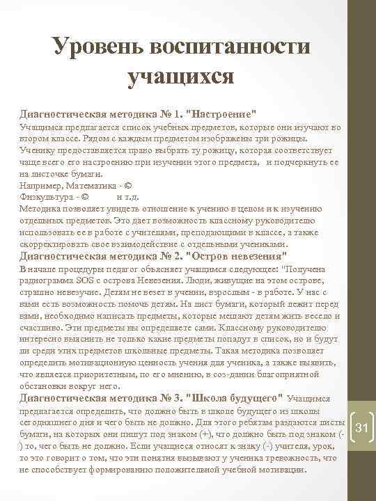 Уровень воспитанности учащихся Диагностическая методика № 1. 