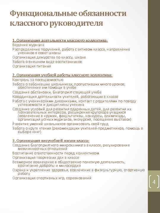 Функциональные обязанности классного руководителя 1. Организация деятельности классного коллектива: Ведение журнала Распределение поручений, работа