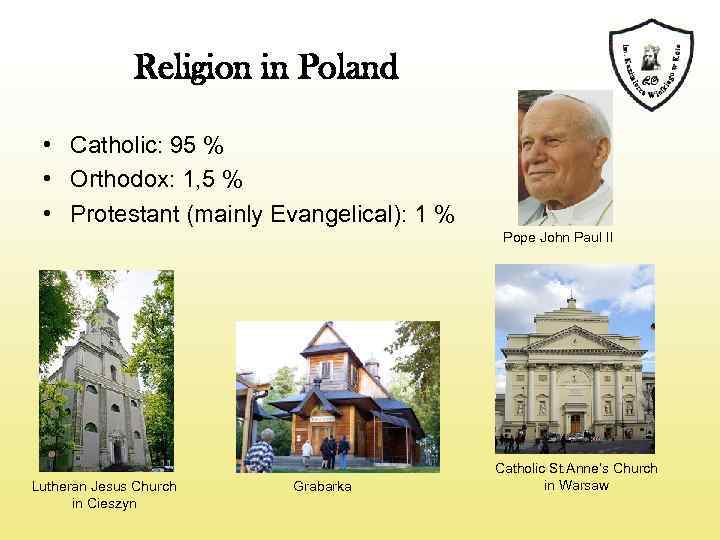 Religion in Poland • Catholic: 95 % • Orthodox: 1, 5 % • Protestant