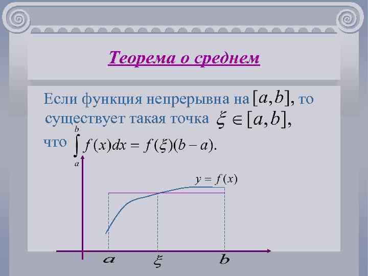 Теорема определенного интеграла. Теорема о среднем. Определенный интеграл теорема о среднем. Функция непрерывна на отрезке. Теорема о среднем значении интеграла.