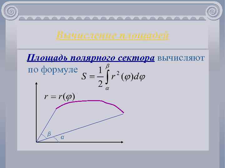 Вычисление площадей Площадь полярного сектора вычисляют по формуле. β α 