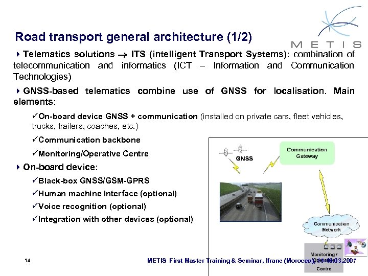 Road transport general architecture (1/2) 4 Telematics solutions ITS (intelligent Transport Systems): combination of