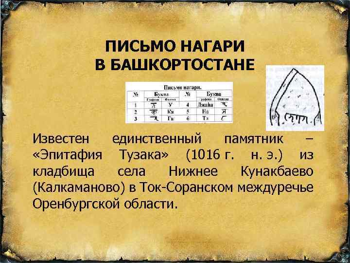 ПИСЬМО НАГАРИ В БАШКОРТОСТАНЕ Известен единственный памятник – «Эпитафия Тузака» (1016 г. н. э.