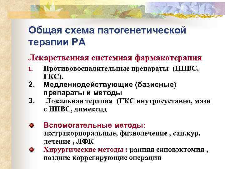 Общая схема патогенетической терапии РА Лекарственная системная фармакотерапия 1. 2. 3. Противовоспалительные препараты (НПВС,