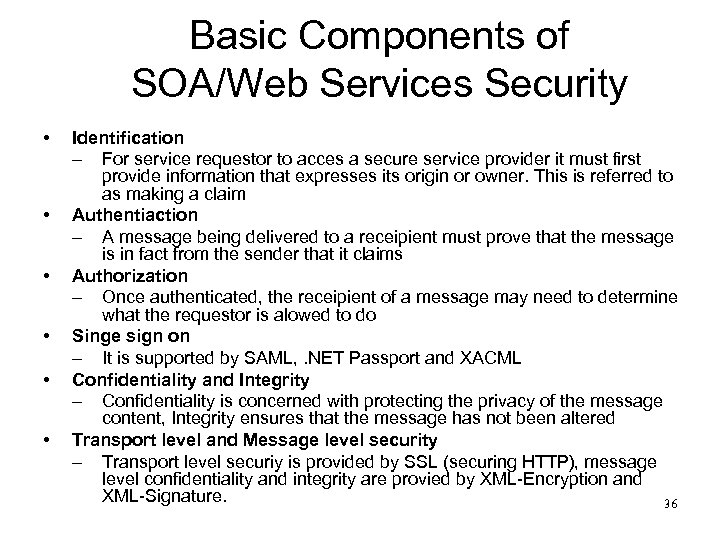 Basic Components of SOA/Web Services Security • • • Identification – For service requestor