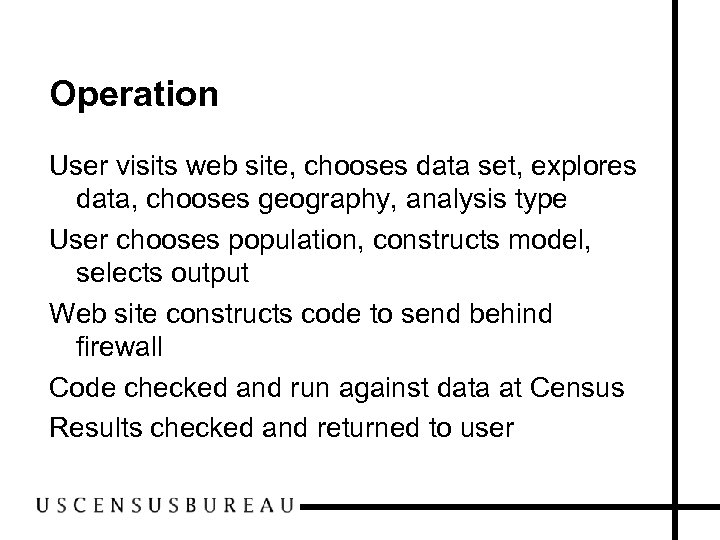 Operation User visits web site, chooses data set, explores data, chooses geography, analysis type