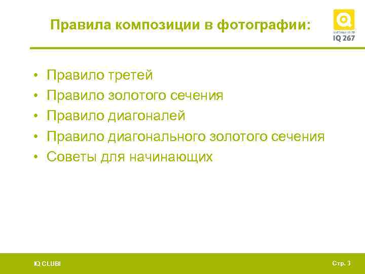 Правила композиции в фотографии: • • • Правило третей Правило золотого сечения Правило диагоналей