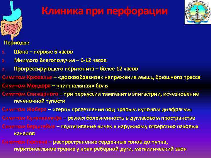 Клиника при перфорации Периоды: Шока – первые 6 часов 2. Мнимого благополучия – 6