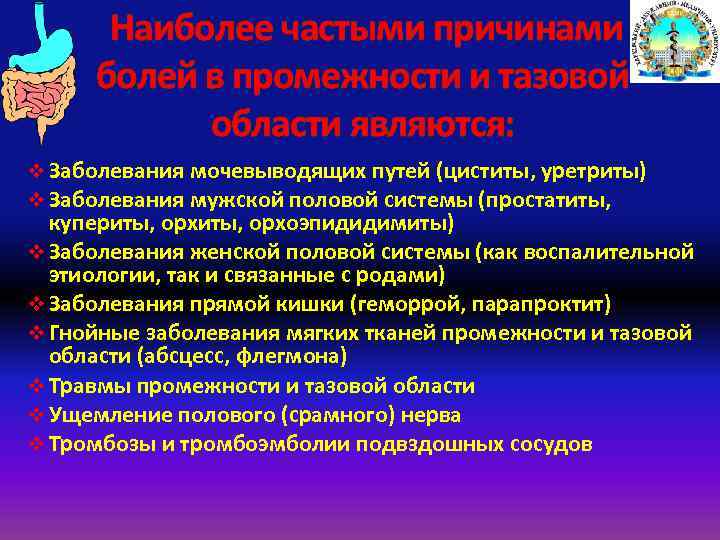 Наиболее частыми причинами болей в промежности и тазовой области являются: v Заболевания мочевыводящих путей