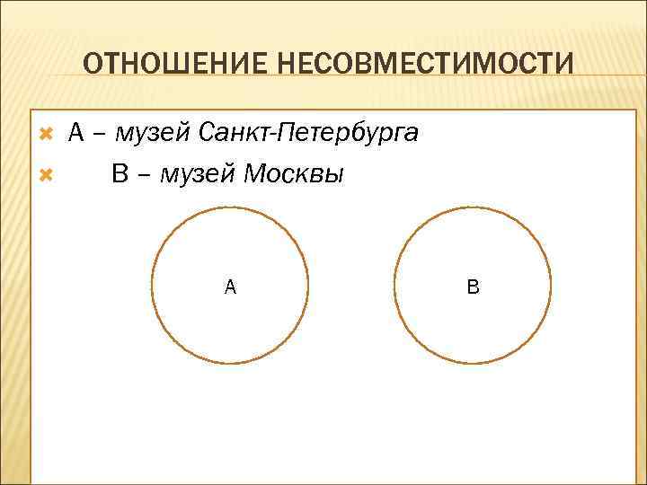 ОТНОШЕНИЕ НЕСОВМЕСТИМОСТИ А – музей Санкт-Петербурга В – музей Москвы A B 