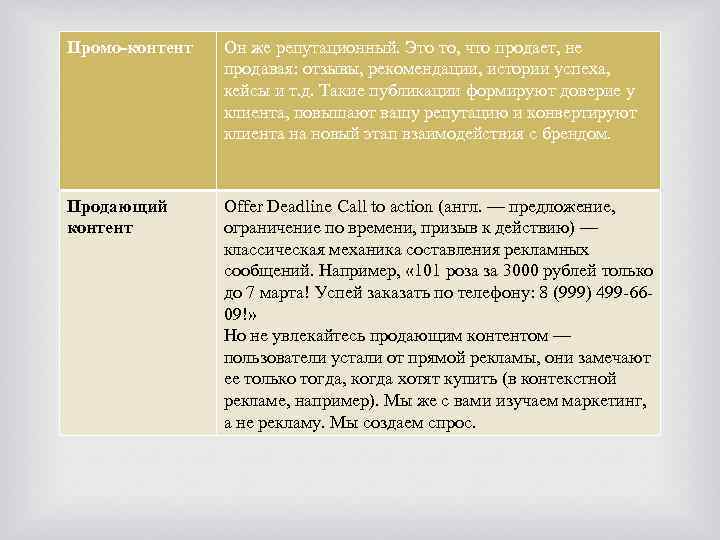 Промо-контент Он же репутационный. Это то, что продает, не продавая: отзывы, рекомендации, истории успеха,