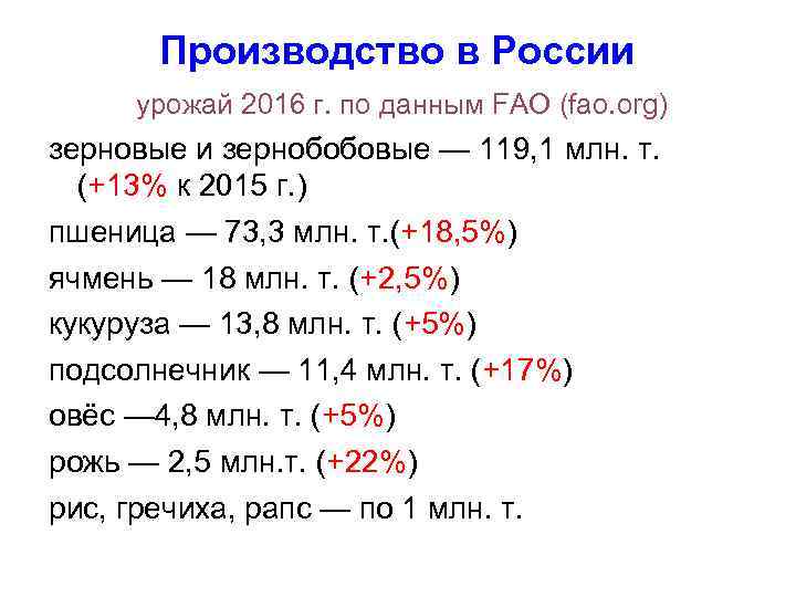 Производство в России урожай 2016 г. по данным FAO (fao. org) зерновые и зернобобовые
