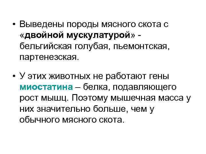  • Выведены породы мясного скота с «двойной мускулатурой» бельгийская голубая, пьемонтская, партенезская. •