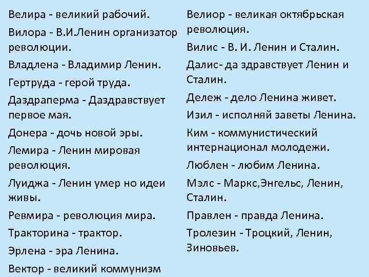 Велира - великий рабочий. Вилора - В. И. Ленин организатор революции. Владлена - Владимир