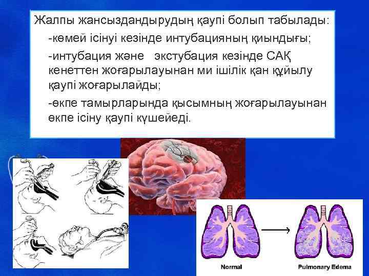 Жалпы жансыздандырудың қаупі болып табылады: • -көмей ісінуі кезінде интубацияның қиындығы; • -интубация және