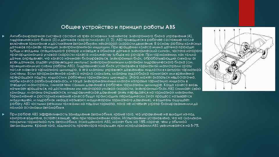 Общее устройство и принцип работы ABS Антиблокировочная система состоит из трех основных элементов: электронного