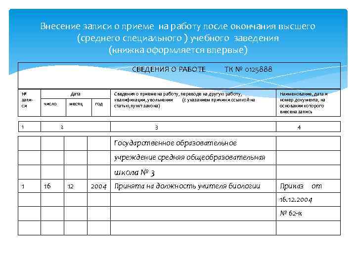 Образец внесение записи в трудовую книжку об образовании образец