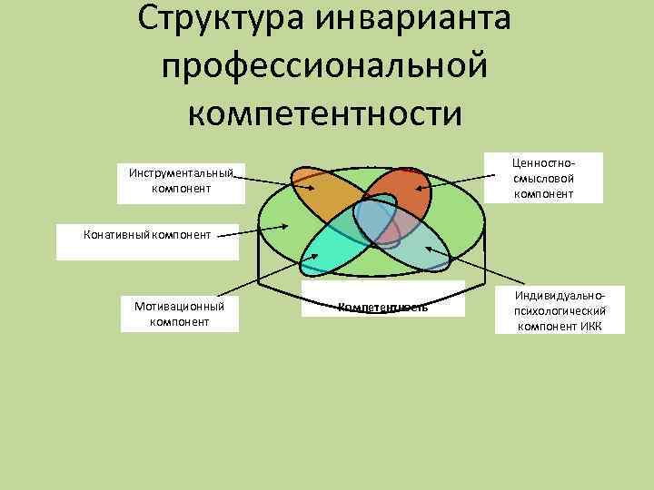 Структура инварианта профессиональной компетентности Ценностносмысловой компонент Инструментальный компонент Конативный компонент Мотивационный компонент Компетентность Индивидуальнопсихологический