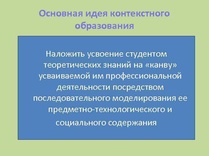 Основная идея контекстного образования Наложить усвоение студентом теоретических знаний на «канву» усваиваемой им профессиональной