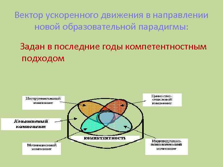 Вектор ускоренного движения в направлении новой образовательной парадигмы: Задан в последние годы компетентностным подходом