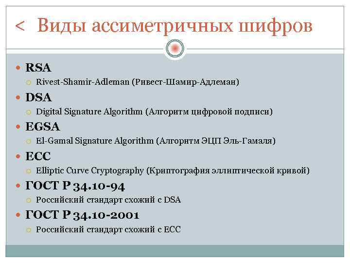 < Виды ассиметричных шифров RSA Rivest-Shamir-Adleman (Ривест-Шамир-Адлеман) DSA Digital Signature Algorithm (Алгоритм цифровой подписи)